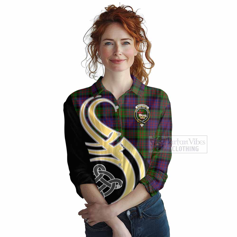 Tartan Vibes Clothing MacDonald (McDonald) Tartan Women's Casual Shirt with Family Crest and Celtic Symbol Style