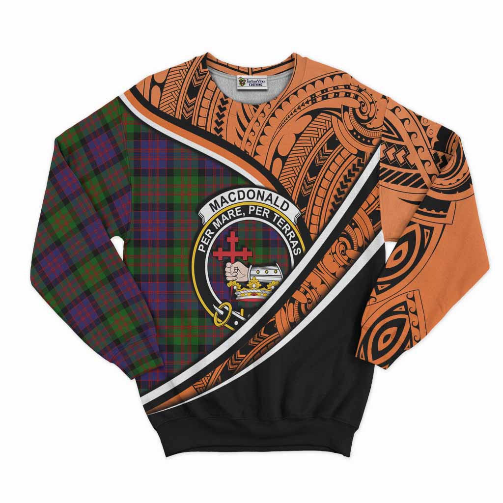 Tartan Vibes Clothing MacDonald (McDonald) Crest Tartan Sweatshirt with Maori Tattoo Style - Orange Version