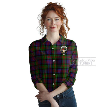 MacDonald (McDonald) Tartan Women's Casual Shirt with Family Crest and Bearded Skull Holding Bottles of Whiskey