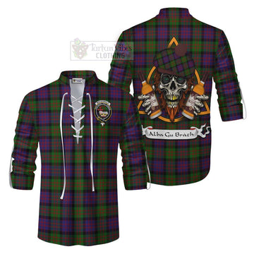 MacDonald (McDonald) Tartan Ghillie Kilt Shirt with Family Crest and Bearded Skull Holding Bottles of Whiskey