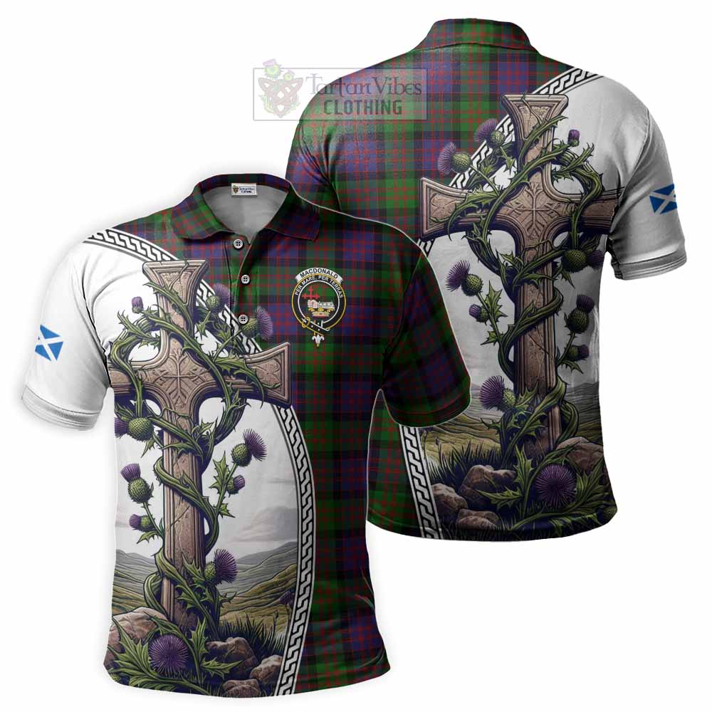 Tartan Vibes Clothing MacDonald (McDonald) Tartan Polo Shirt with Family Crest and St. Andrew's Cross Accented by Thistle Vines