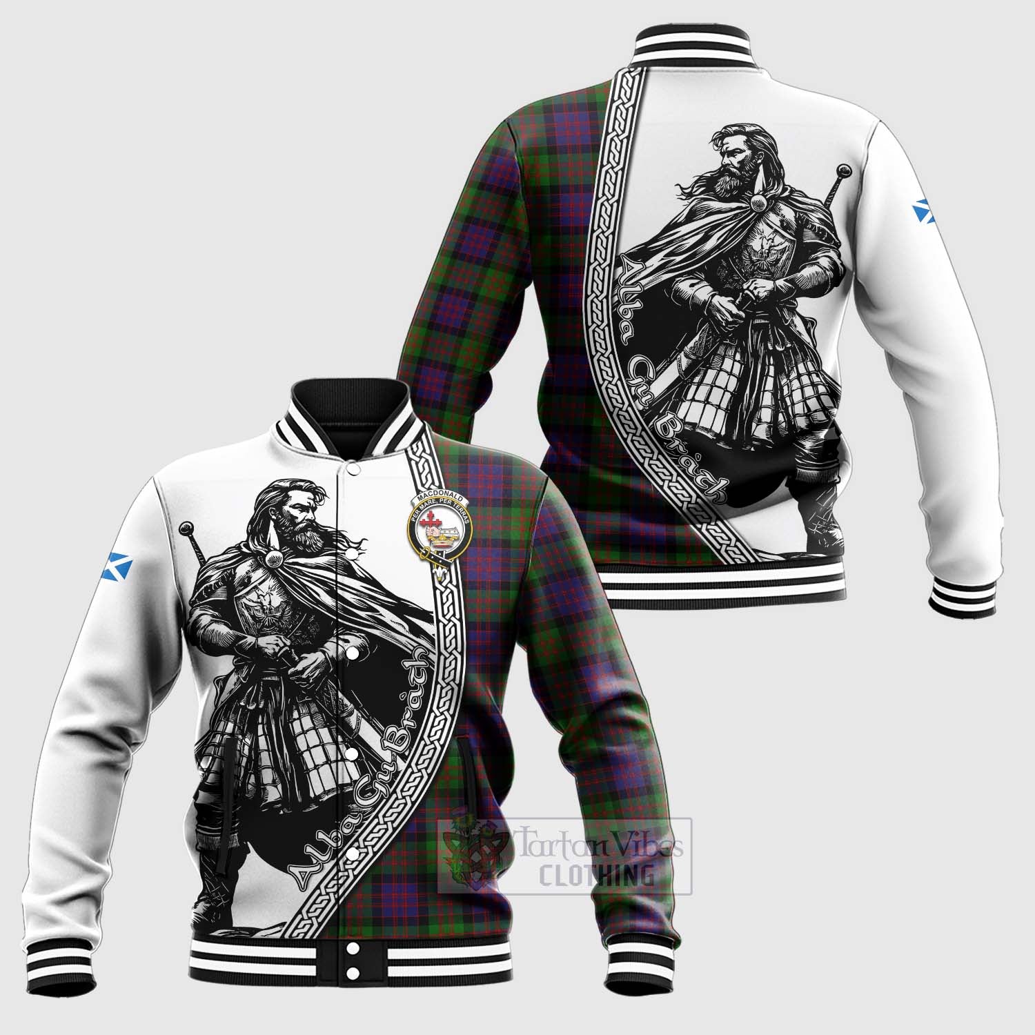 Tartan Vibes Clothing MacDonald (McDonald) Tartan Clan Crest Baseball Jacket with Highlander Warrior Celtic Style