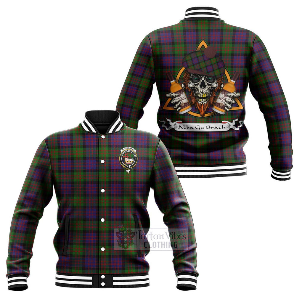 Tartan Vibes Clothing MacDonald (McDonald) Tartan Baseball Jacket with Family Crest and Bearded Skull Holding Bottles of Whiskey