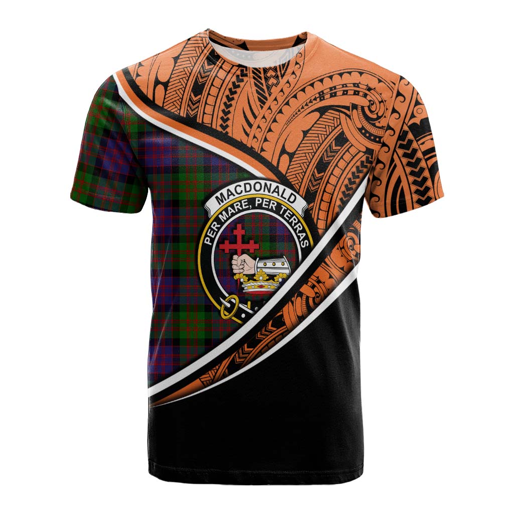 Tartan Vibes Clothing MacDonald (McDonald) Crest Tartan Cotton T-shirt with Maori Tattoo Style - Orange Version