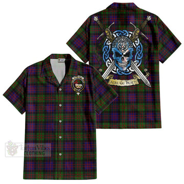 MacDonald (McDonald) Tartan Short Sleeve Button Shirt with Family Crest Celtic Skull Style