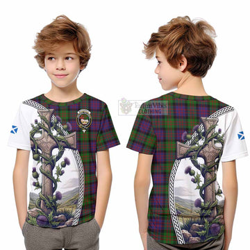 MacDonald (McDonald) Tartan Kid T-Shirt with Family Crest and St. Andrew's Cross Accented by Thistle Vines Youth XL Size14 - Tartan Vibes Clothing