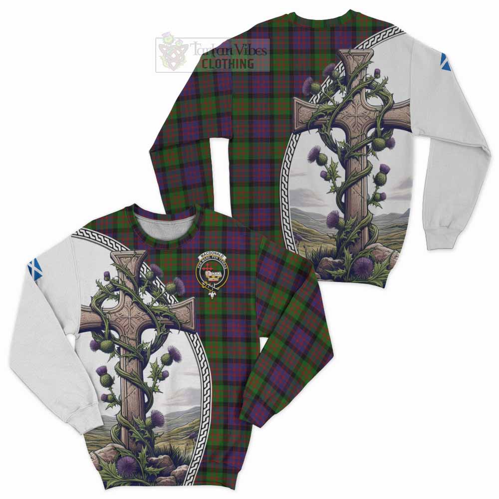 Tartan Vibes Clothing MacDonald (McDonald) Tartan Sweatshirt with Family Crest and St. Andrew's Cross Accented by Thistle Vines