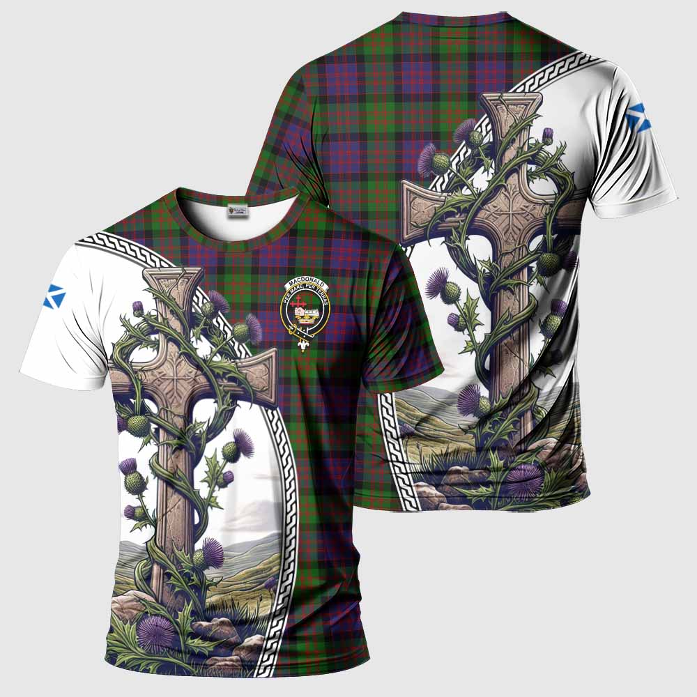 Tartan Vibes Clothing MacDonald (McDonald) Agnew Tartan T-Shirt with Family Crest and St. Andrew's Cross Accented by Thistle Vines