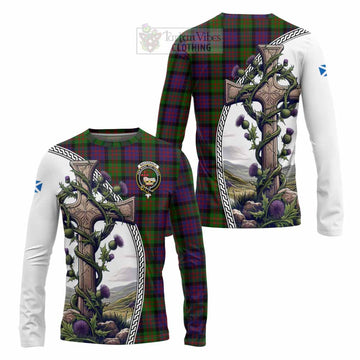 MacDonald (McDonald) Tartan Long Sleeve T-Shirt with Family Crest and St. Andrew's Cross Accented by Thistle Vines