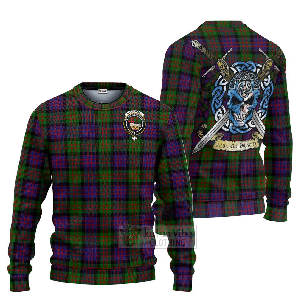 Tartan Vibes Clothing MacDonald (McDonald) Tartan Knitted Sweater with Family Crest Celtic Skull Style