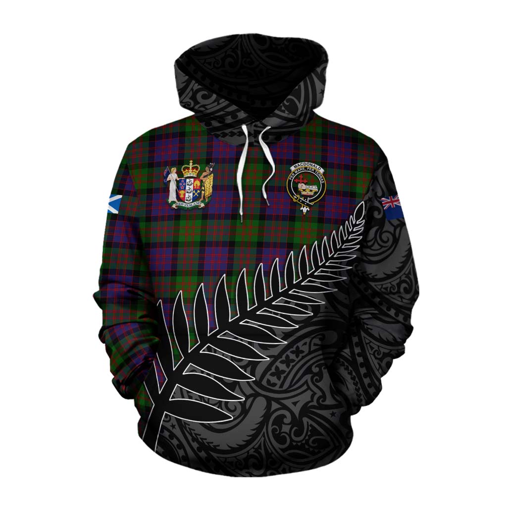 Tartan Vibes Clothing MacDonald (McDonald) Crest Tartan Cotton Hoodie with New Zealand Silver Fern Half Style