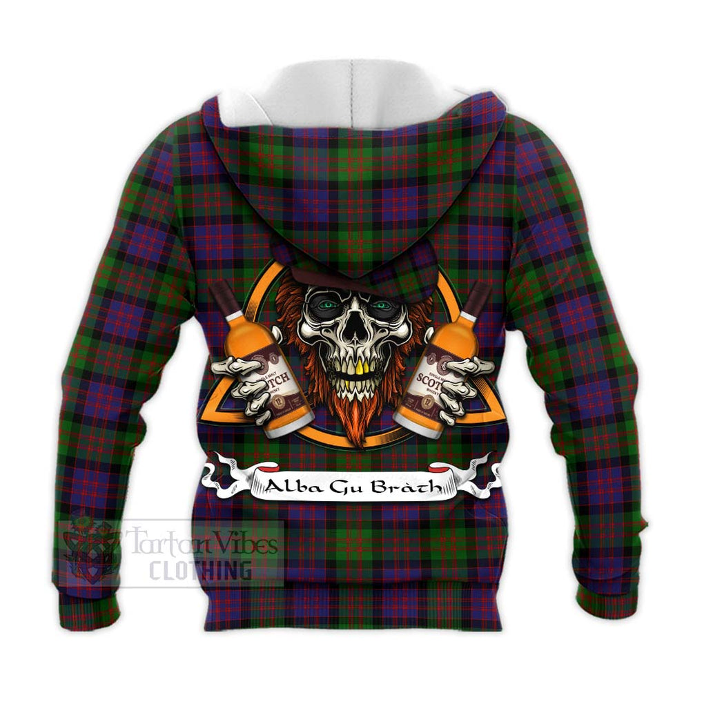 Tartan Vibes Clothing MacDonald (McDonald) Tartan Knitted Hoodie with Family Crest and Bearded Skull Holding Bottles of Whiskey