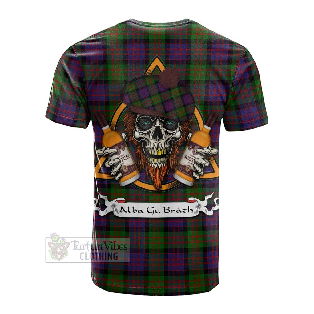 Tartan Vibes Clothing MacDonald (McDonald) Tartan Cotton T-shirt with Family Crest and Bearded Skull Holding Bottles of Whiskey