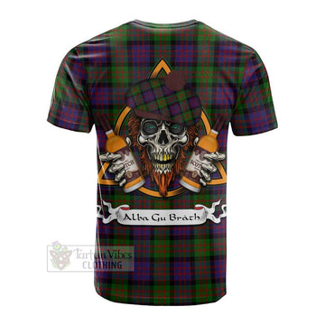 MacDonald (McDonald) Tartan Cotton T-shirt with Family Crest and Bearded Skull Holding Bottles of Whiskey