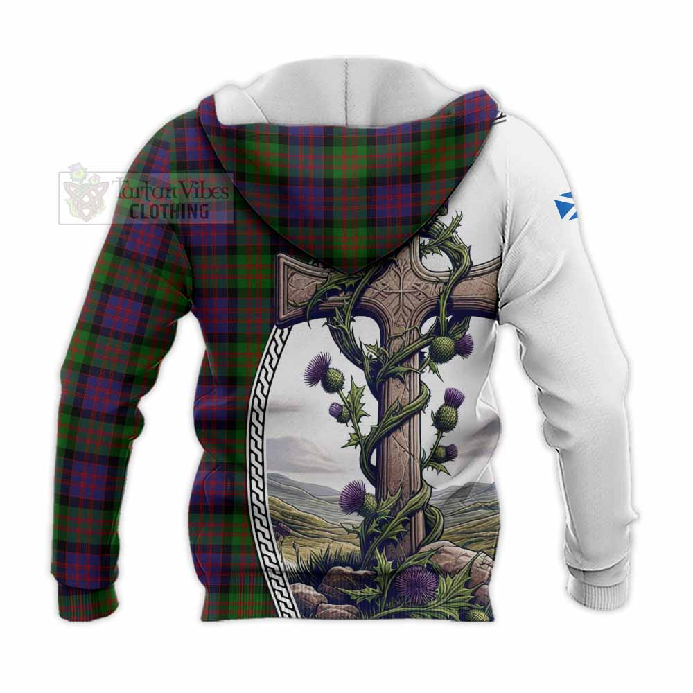 Tartan Vibes Clothing MacDonald (McDonald) Tartan Knitted Hoodie with Family Crest and St. Andrew's Cross Accented by Thistle Vines