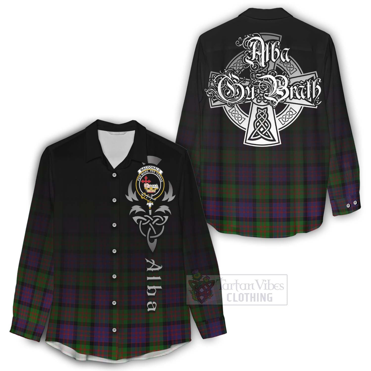 Tartan Vibes Clothing MacDonald (McDonald) Tartan Women's Casual Shirt Featuring Alba Gu Brath Family Crest Celtic Inspired