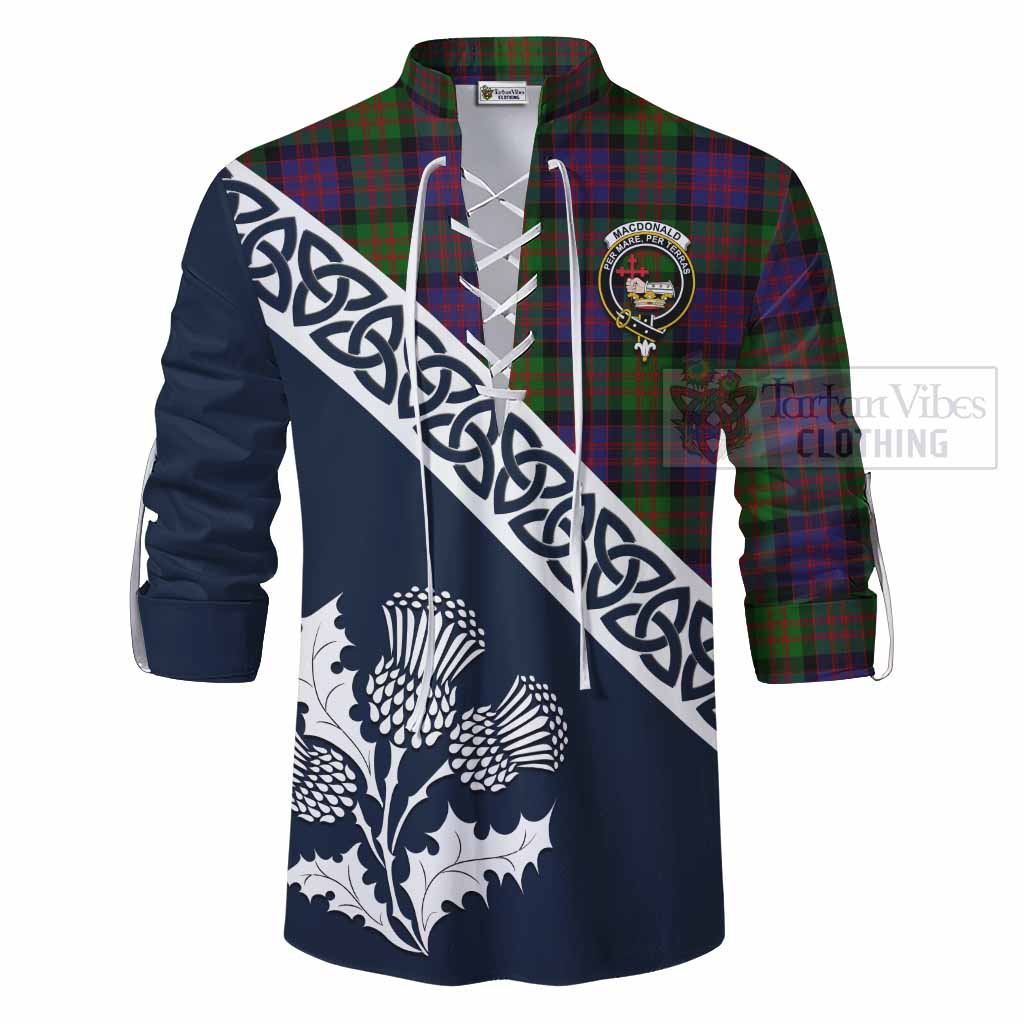 Tartan Vibes Clothing MacDonald (McDonald) Tartan Ghillie Kilt Shirt Featuring Thistle and Scotland Map