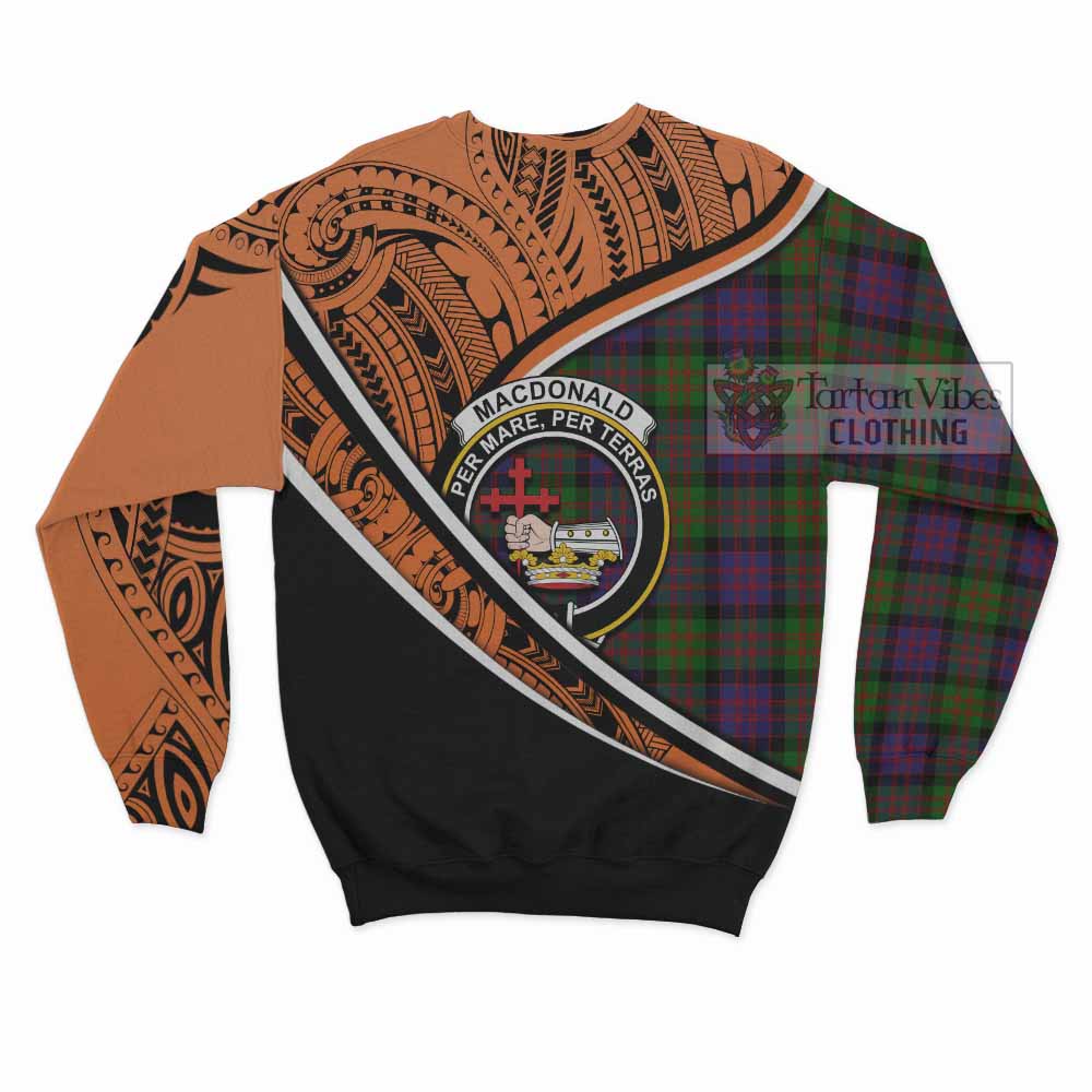 Tartan Vibes Clothing MacDonald (McDonald) Crest Tartan Sweatshirt with Maori Tattoo Style - Orange Version