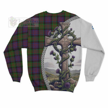 MacDonald (McDonald) Tartan Sweatshirt with Family Crest and St. Andrew's Cross Accented by Thistle Vines