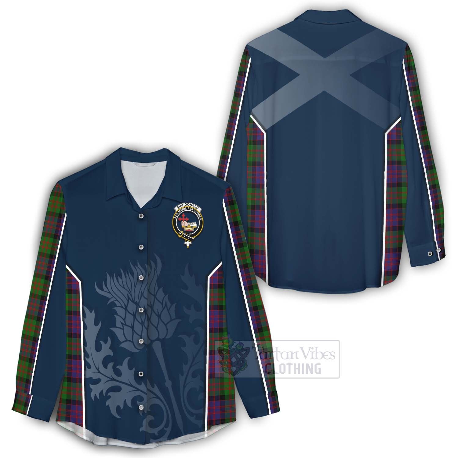 Tartan Vibes Clothing MacDonald (McDonald) Tartan Women's Casual Shirt with Family Crest and Scottish Thistle Vibes Sport Style