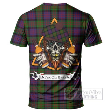 MacDonald (McDonald) Tartan T-Shirt with Family Crest and Bearded Skull Holding Bottles of Whiskey - Tartan Vibes Clothing