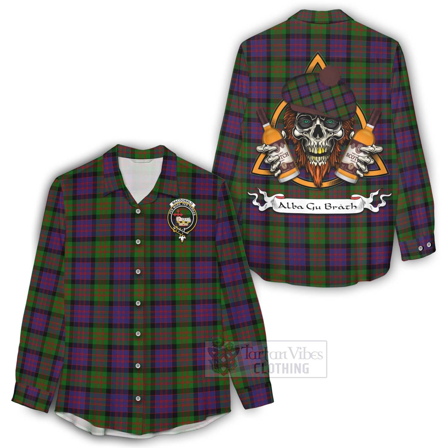 Tartan Vibes Clothing MacDonald (McDonald) Tartan Women's Casual Shirt with Family Crest and Bearded Skull Holding Bottles of Whiskey