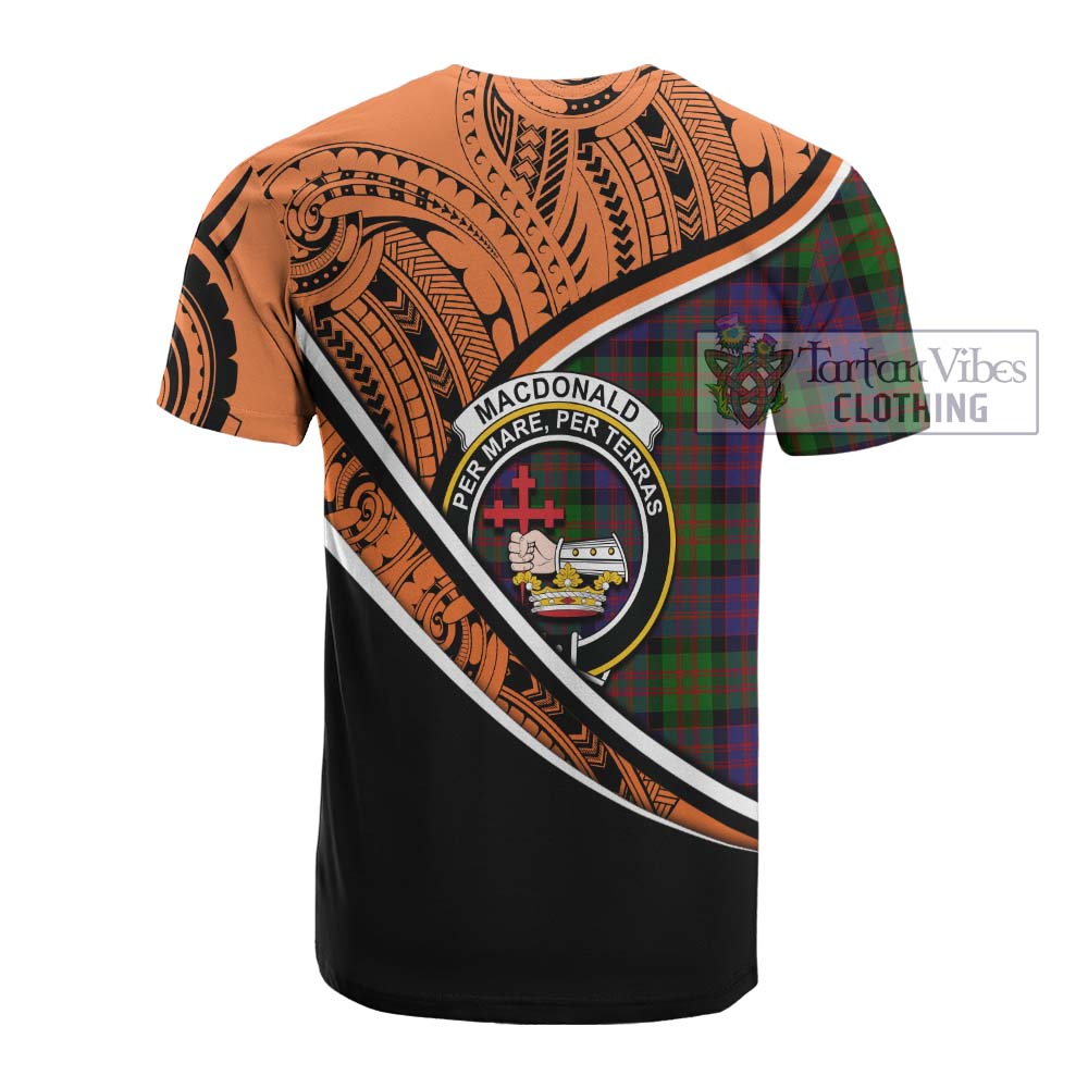 Tartan Vibes Clothing MacDonald (McDonald) Crest Tartan Cotton T-shirt with Maori Tattoo Style - Orange Version