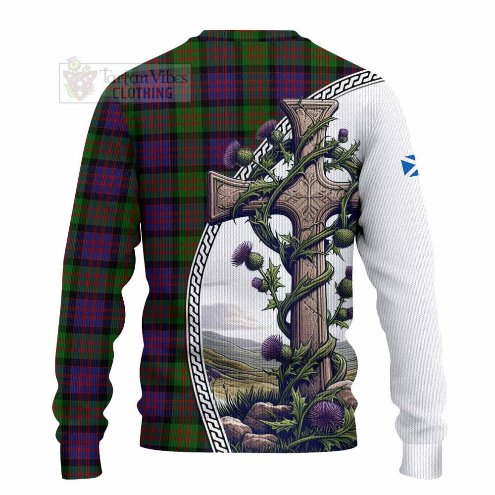 Tartan Vibes Clothing MacDonald (McDonald) Tartan Knitted Sweater with Family Crest and St. Andrew's Cross Accented by Thistle Vines