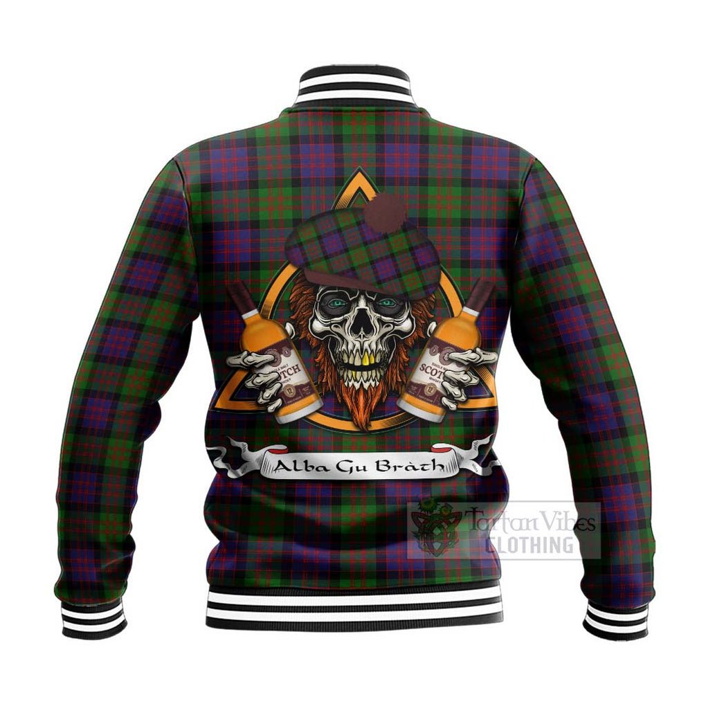 Tartan Vibes Clothing MacDonald (McDonald) Tartan Baseball Jacket with Family Crest and Bearded Skull Holding Bottles of Whiskey