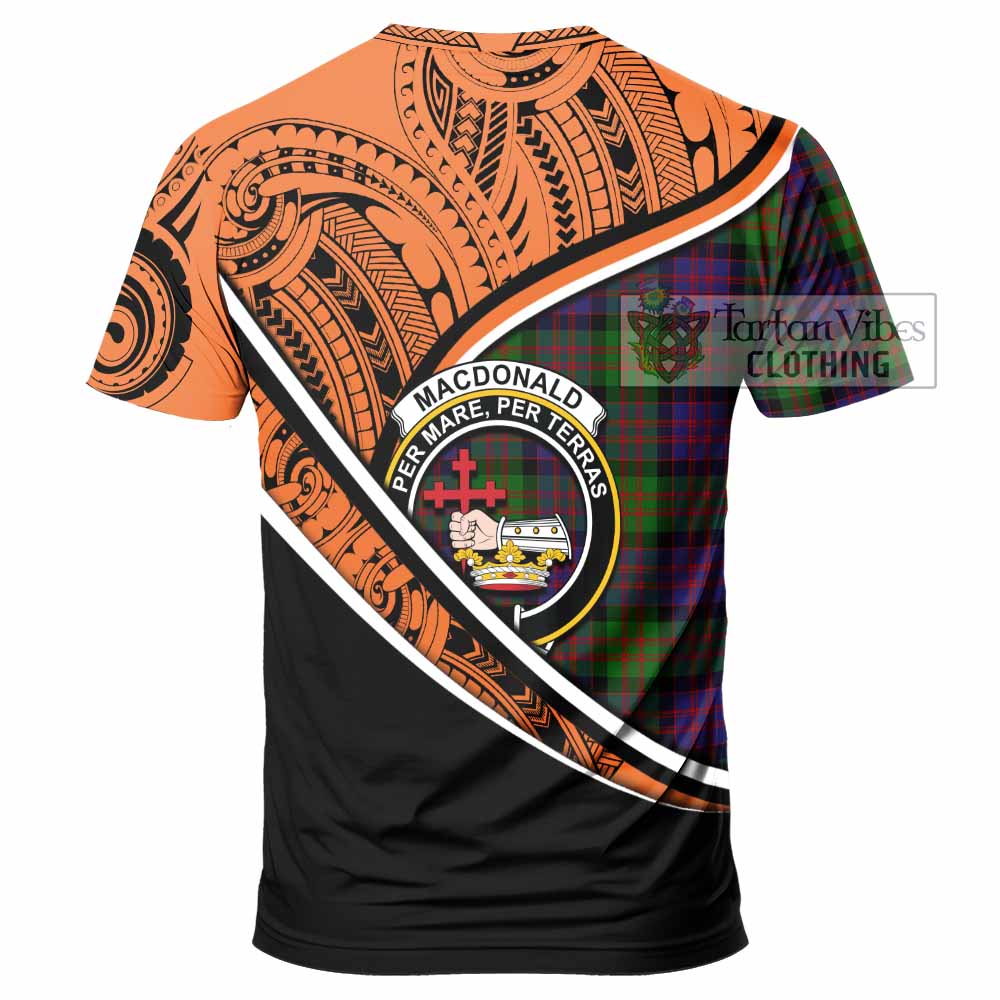 Tartan Vibes Clothing MacDonald (McDonald) Crest Tartan T-Shirt with Maori Tattoo Style - Orange Version