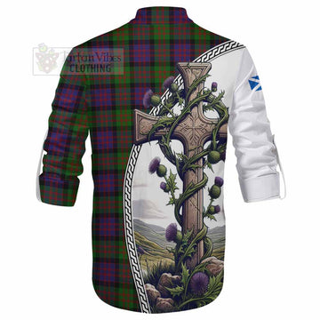 MacDonald (McDonald) Tartan Ghillie Kilt Shirt with Family Crest and St. Andrew's Cross Accented by Thistle Vines