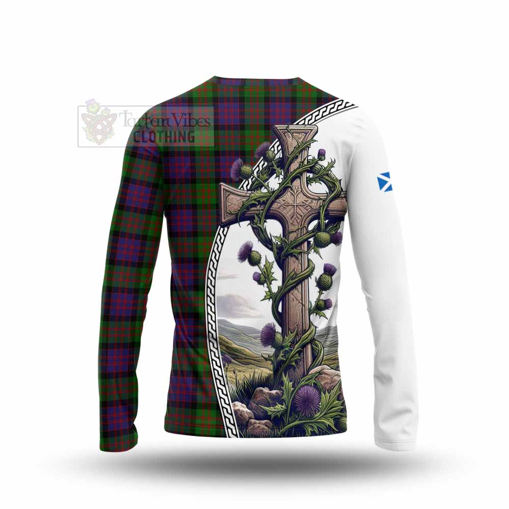 Tartan Vibes Clothing MacDonald (McDonald) Tartan Long Sleeve T-Shirt with Family Crest and St. Andrew's Cross Accented by Thistle Vines