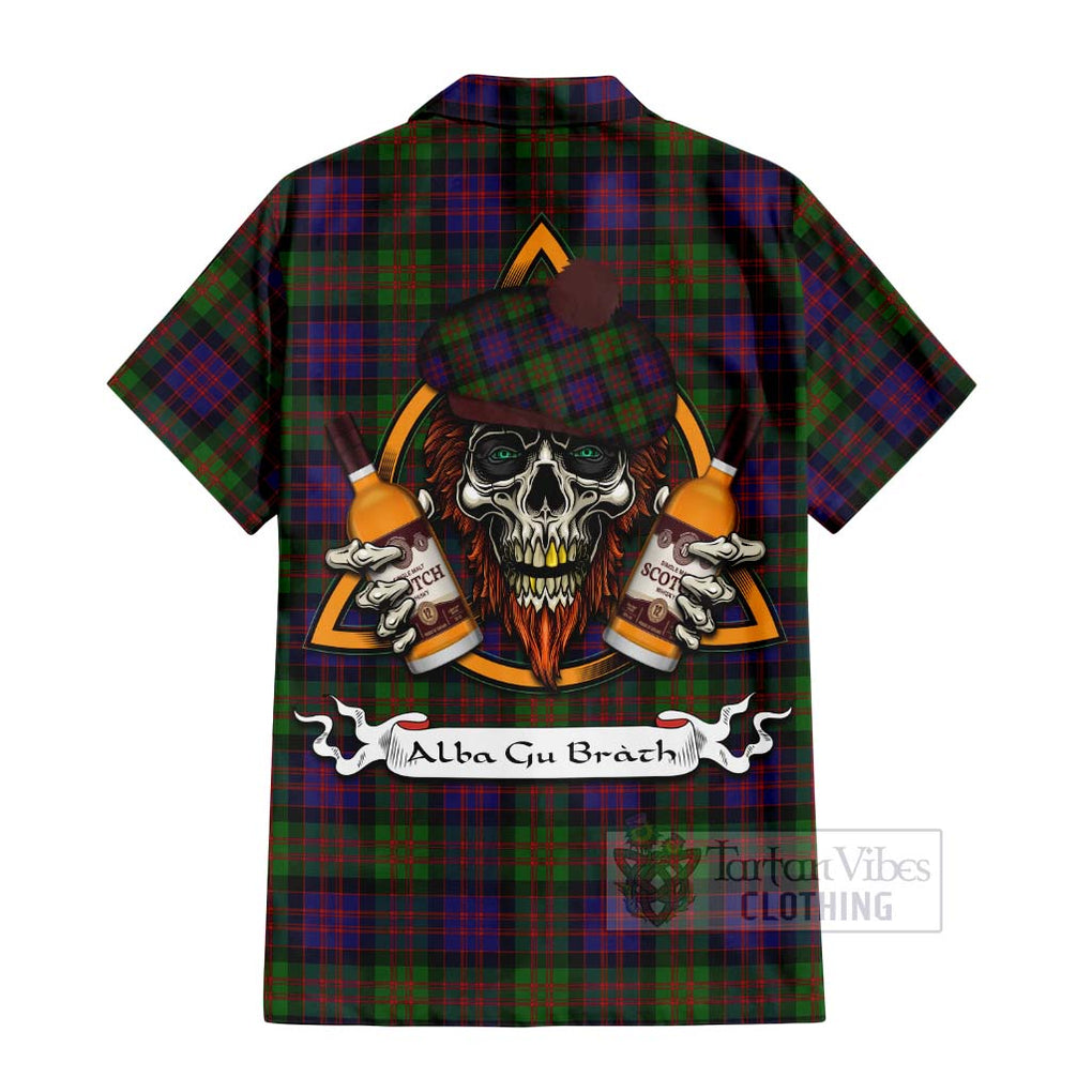 Tartan Vibes Clothing MacDonald (McDonald) Tartan Short Sleeve Button Shirt with Family Crest and Bearded Skull Holding Bottles of Whiskey