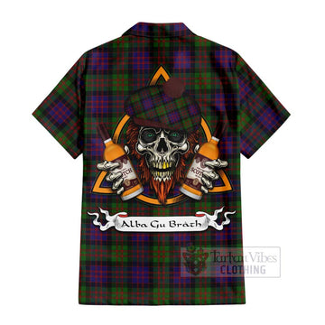 MacDonald (McDonald) Tartan Short Sleeve Button Shirt with Family Crest and Bearded Skull Holding Bottles of Whiskey