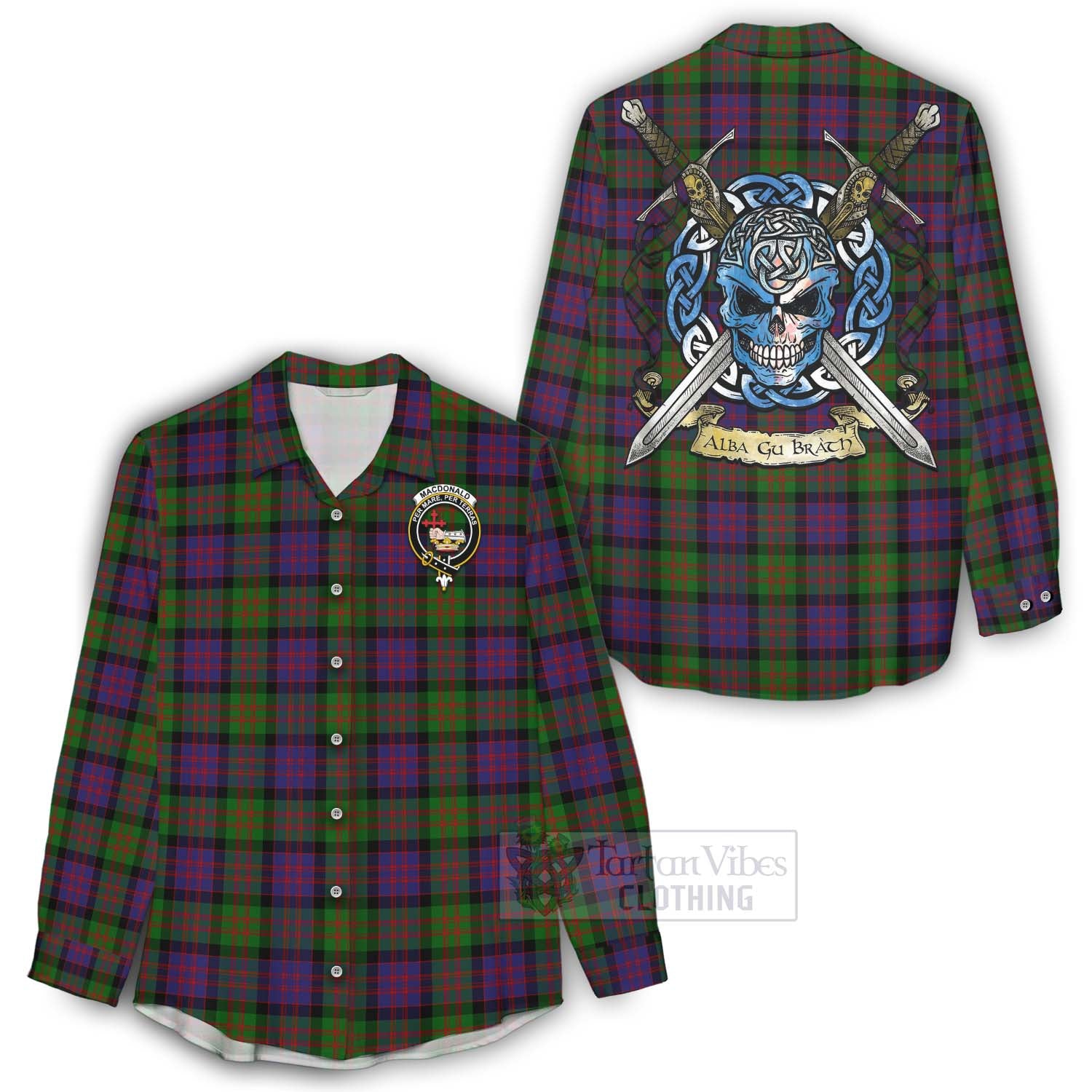 Tartan Vibes Clothing MacDonald (McDonald) Tartan Women's Casual Shirt with Family Crest Celtic Skull Style