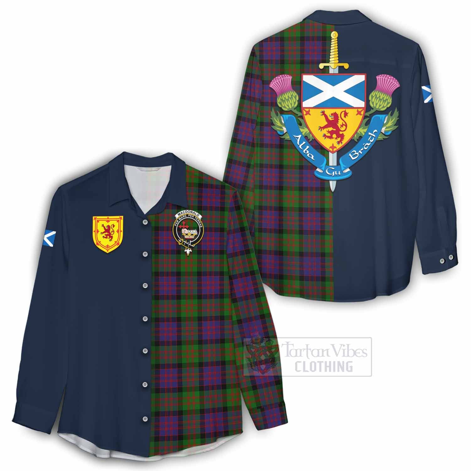 Tartan Vibes Clothing MacDonald (McDonald) Tartan Women's Casual Shirt Alba with Scottish Lion Royal Arm Half Style