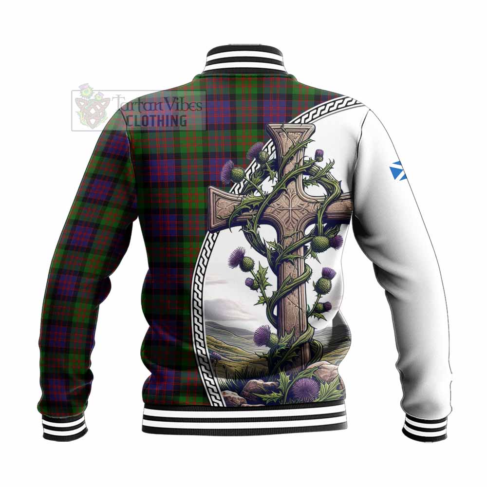 Tartan Vibes Clothing MacDonald (McDonald) Tartan Baseball Jacket with Family Crest and St. Andrew's Cross Accented by Thistle Vines