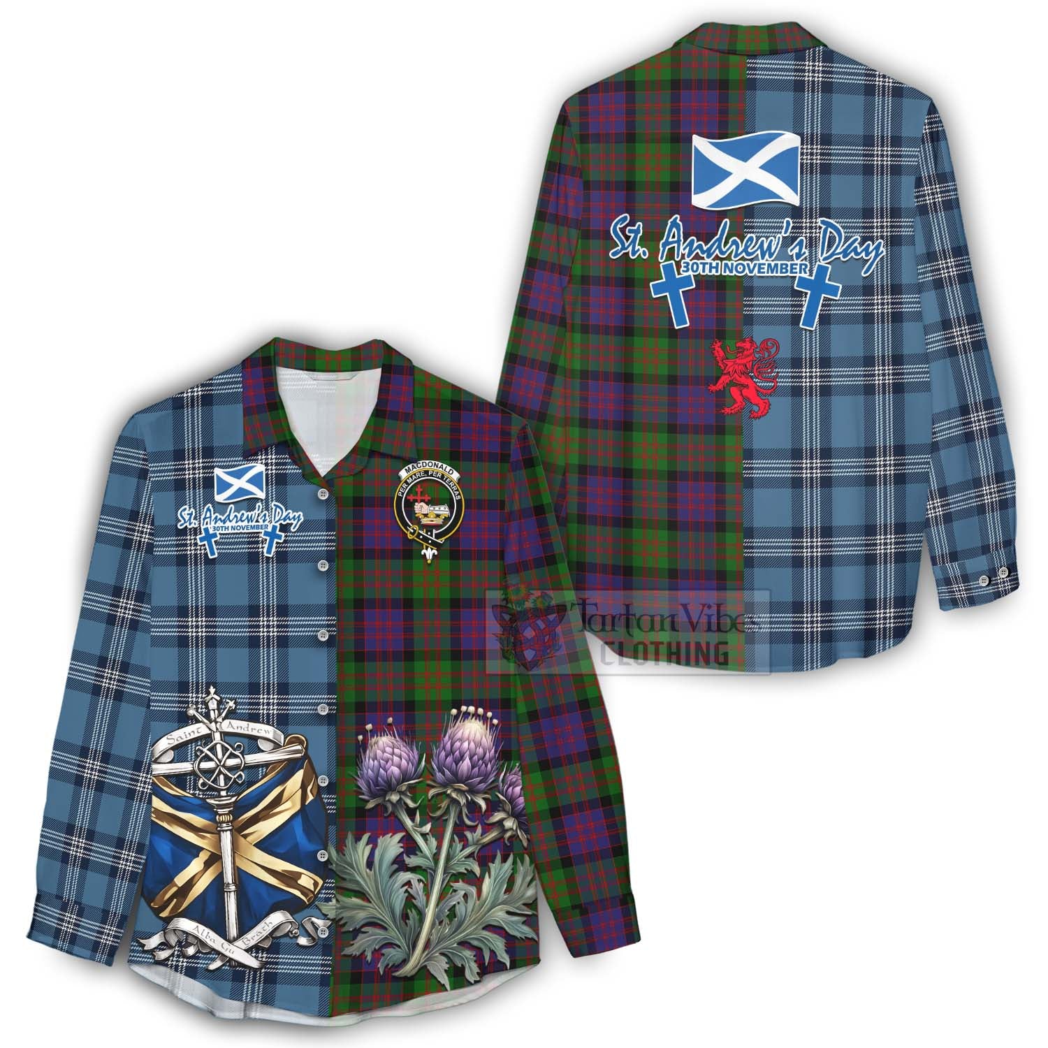 Tartan Vibes Clothing MacDonald (McDonald) Tartan Women's Casual Shirt Happy St. Andrew's Day Half Tartan Style