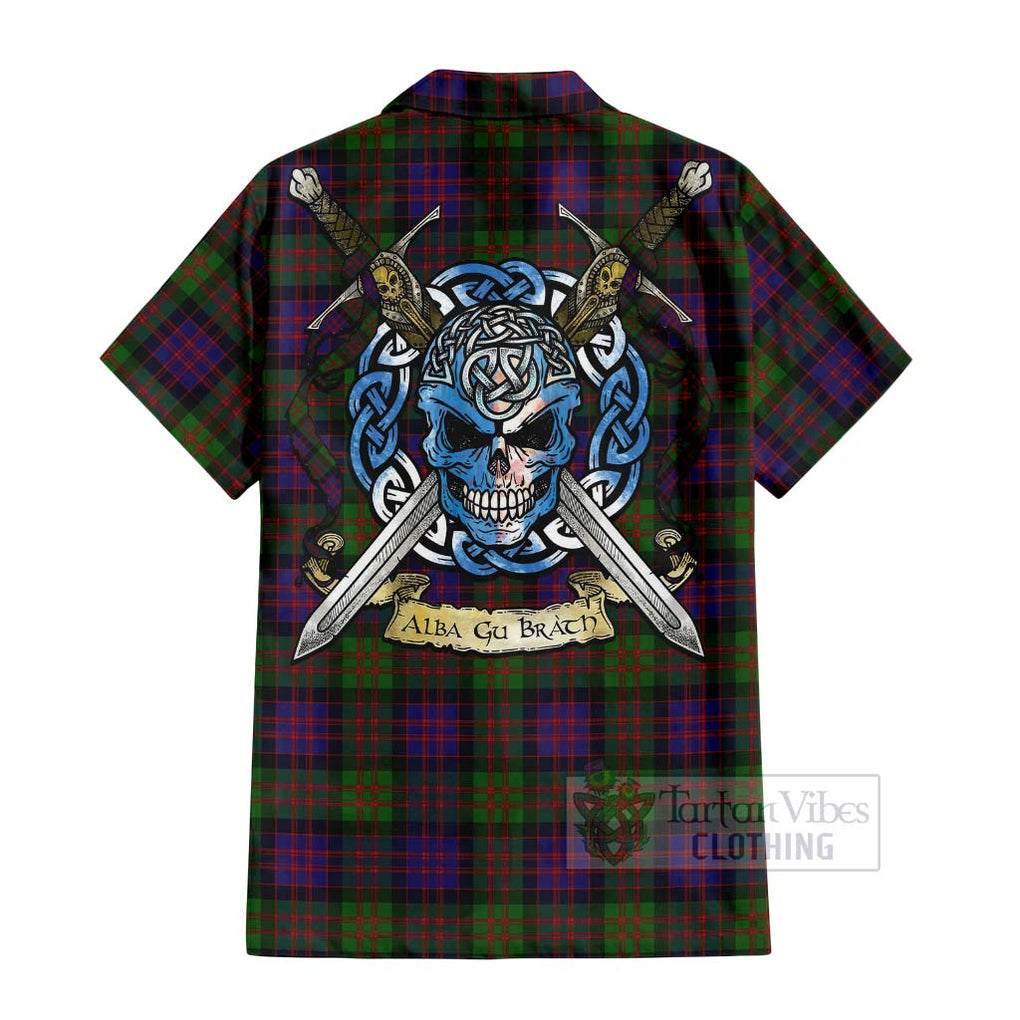 Tartan Vibes Clothing MacDonald (McDonald) Tartan Short Sleeve Button Shirt with Family Crest Celtic Skull Style