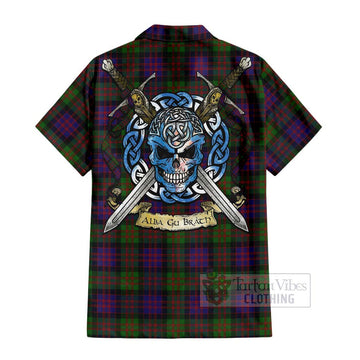 MacDonald (McDonald) Tartan Short Sleeve Button Shirt with Family Crest Celtic Skull Style