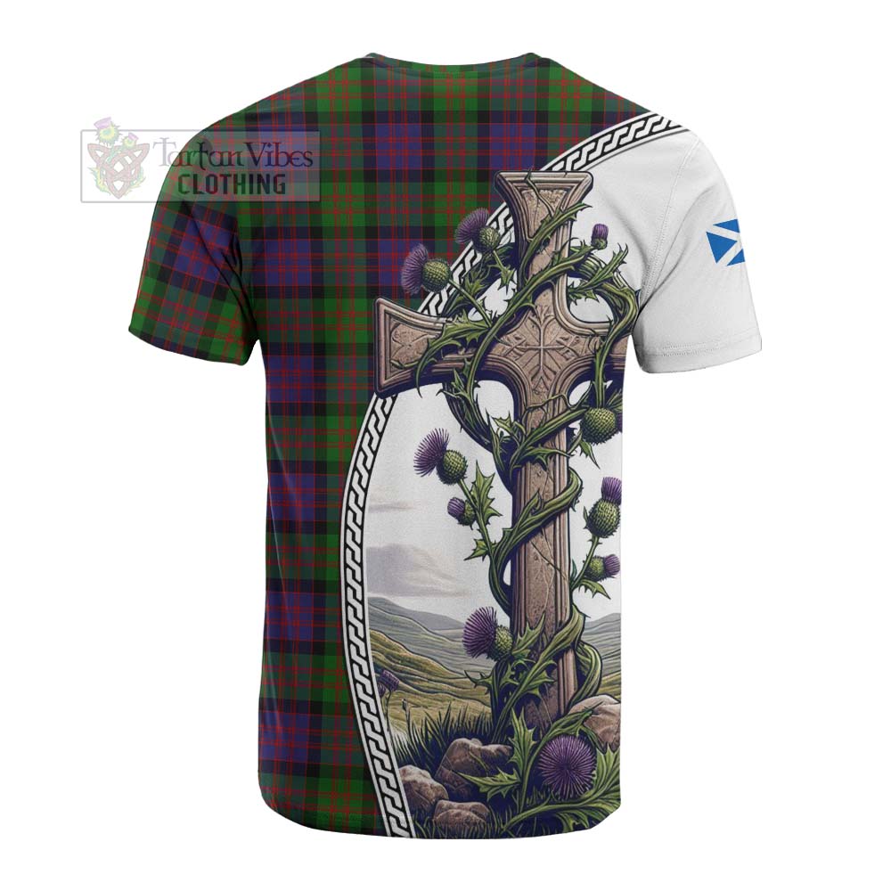 Tartan Vibes Clothing MacDonald (McDonald) Tartan Cotton T-shirt with Family Crest and St. Andrew's Cross Accented by Thistle Vines