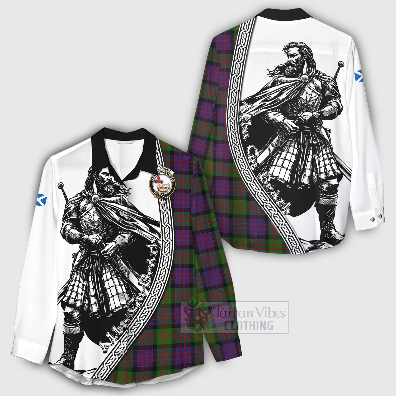 Tartan Vibes Clothing MacDonald (McDonald) Tartan Clan Crest Women's Casual Shirt with Highlander Warrior Celtic Style