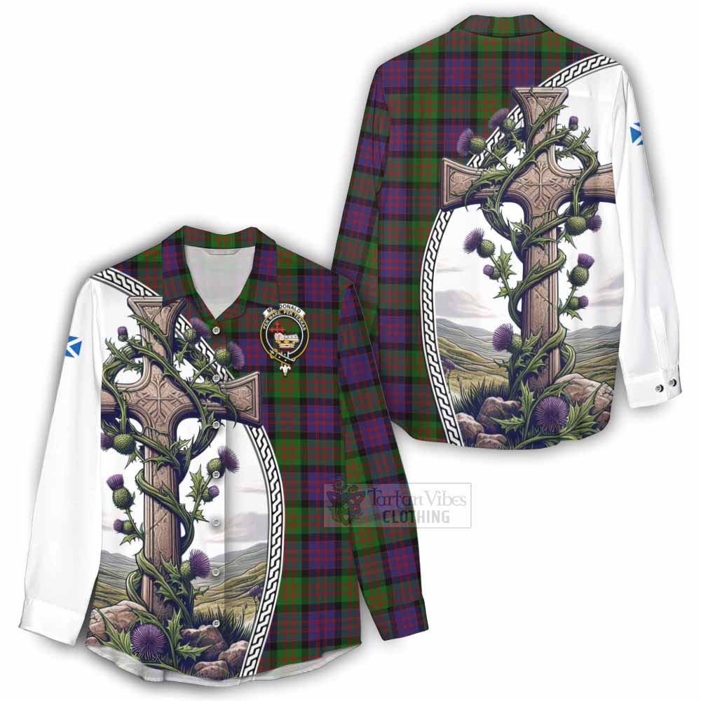 Tartan Vibes Clothing MacDonald (McDonald) Tartan Women's Casual Shirt with Family Crest and St. Andrew's Cross Accented by Thistle Vines