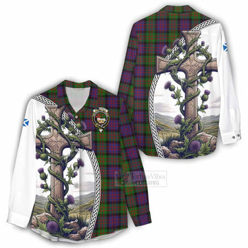 MacDonald (McDonald) Tartan Women's Casual Shirt with Family Crest and St. Andrew's Cross Accented by Thistle Vines