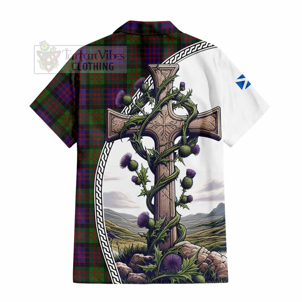 Tartan Vibes Clothing MacDonald (McDonald) Tartan Short Sleeve Button Shirt with Family Crest and St. Andrew's Cross Accented by Thistle Vines