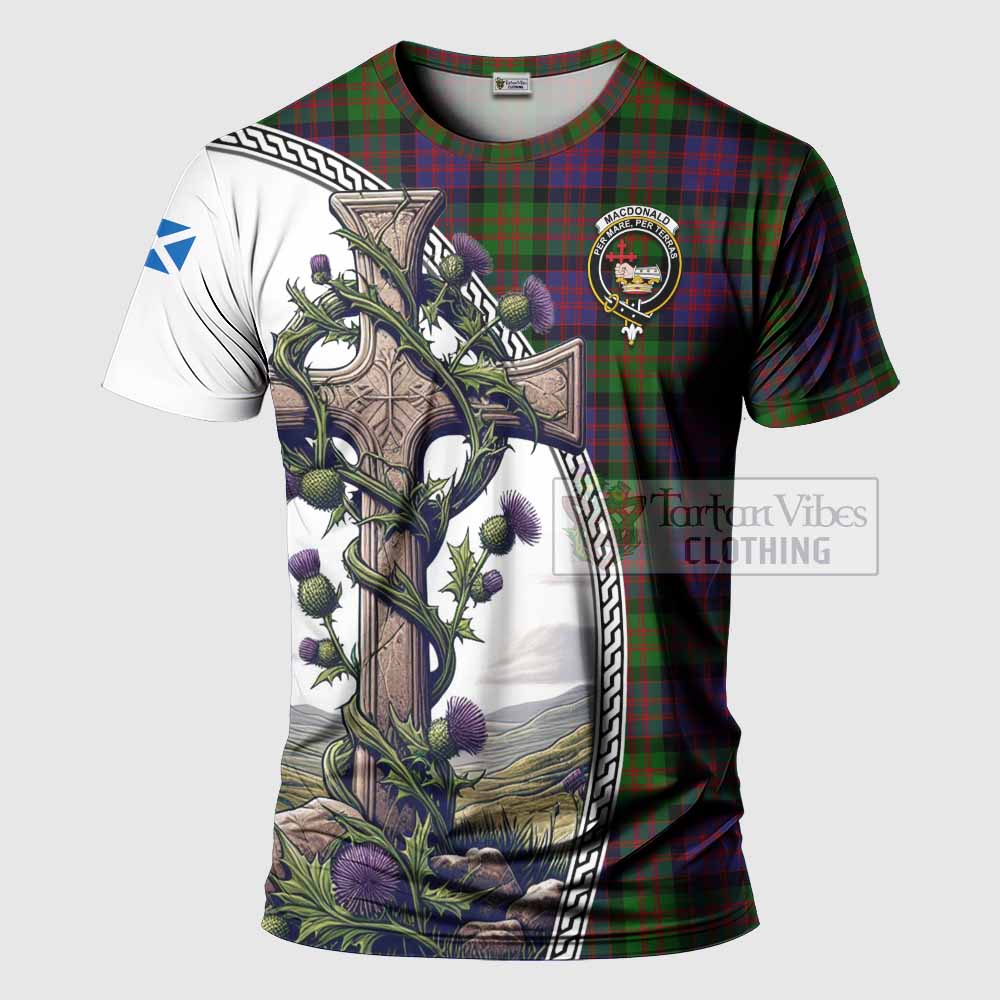 Tartan Vibes Clothing MacDonald (McDonald) Agnew Tartan T-Shirt with Family Crest and St. Andrew's Cross Accented by Thistle Vines