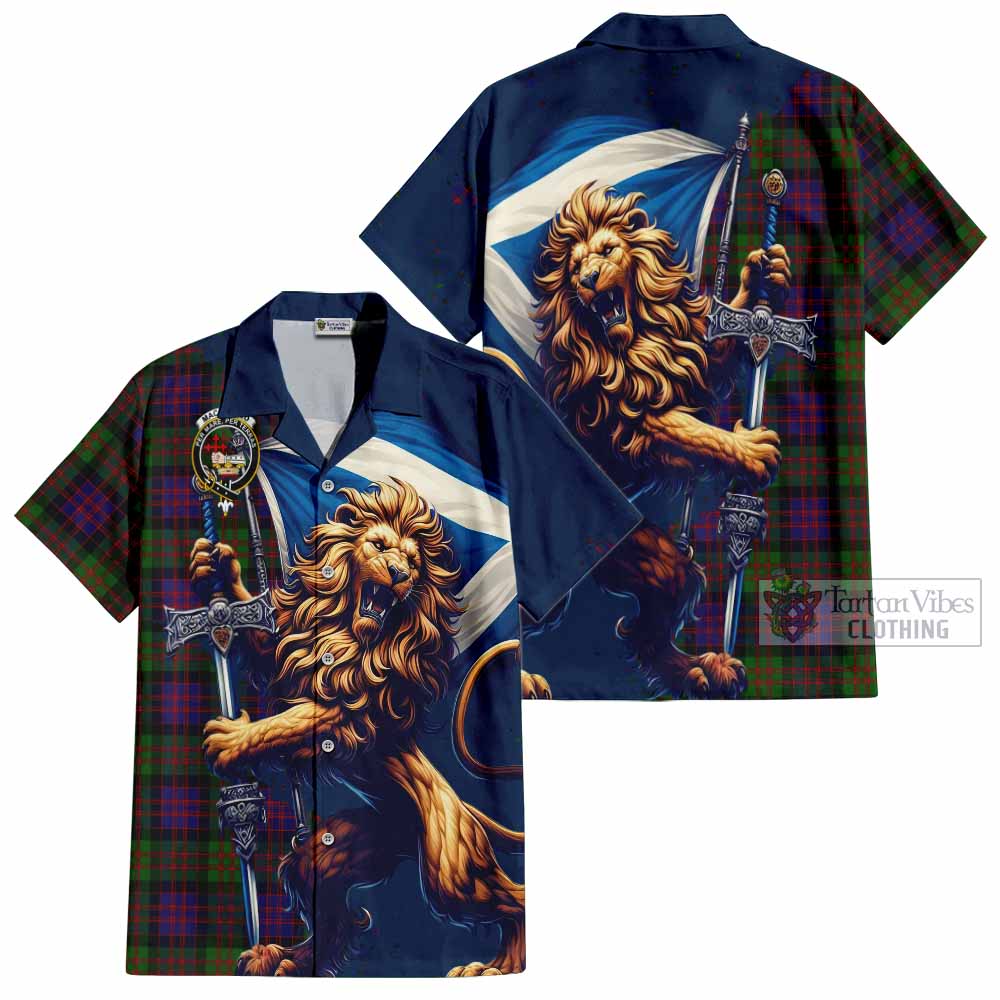 Tartan Vibes Clothing MacDonald (McDonald) Tartan Family Crest Short Sleeve Button Shirt with Scottish Majestic Lion