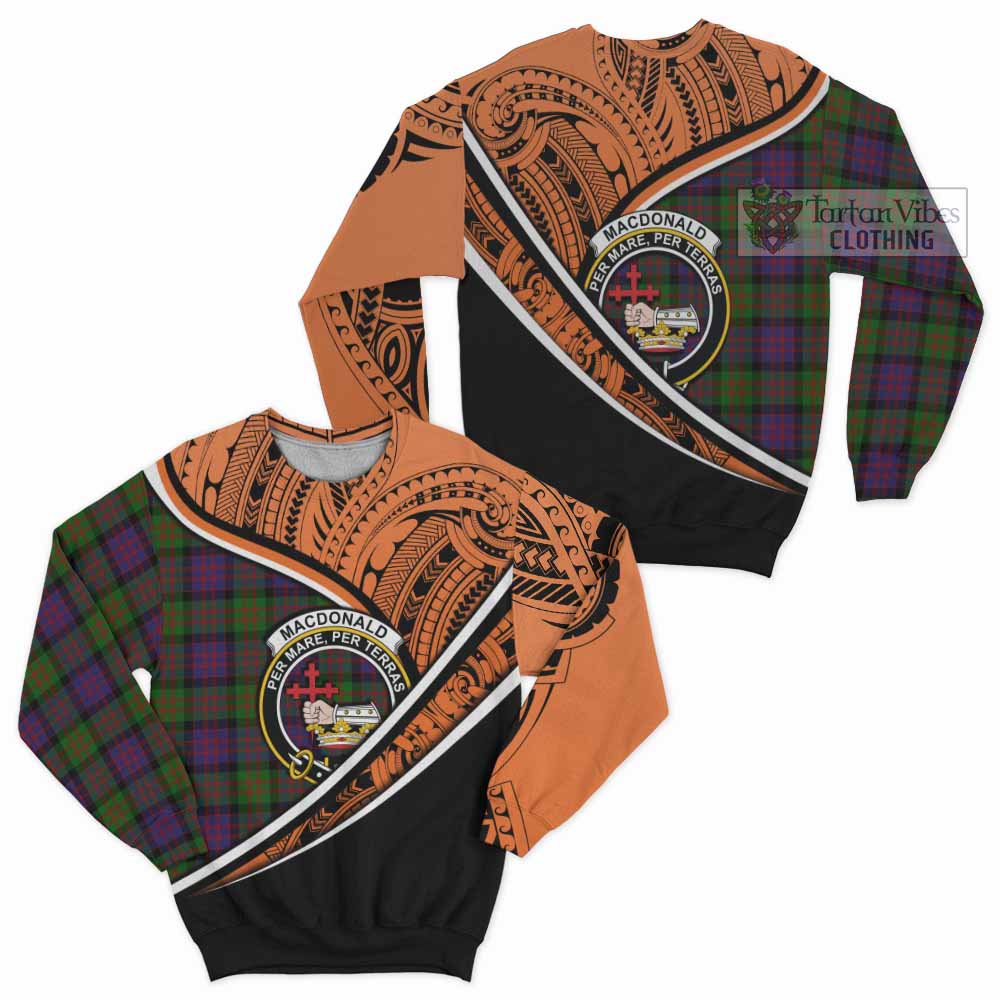 Tartan Vibes Clothing MacDonald (McDonald) Crest Tartan Sweatshirt with Maori Tattoo Style - Orange Version