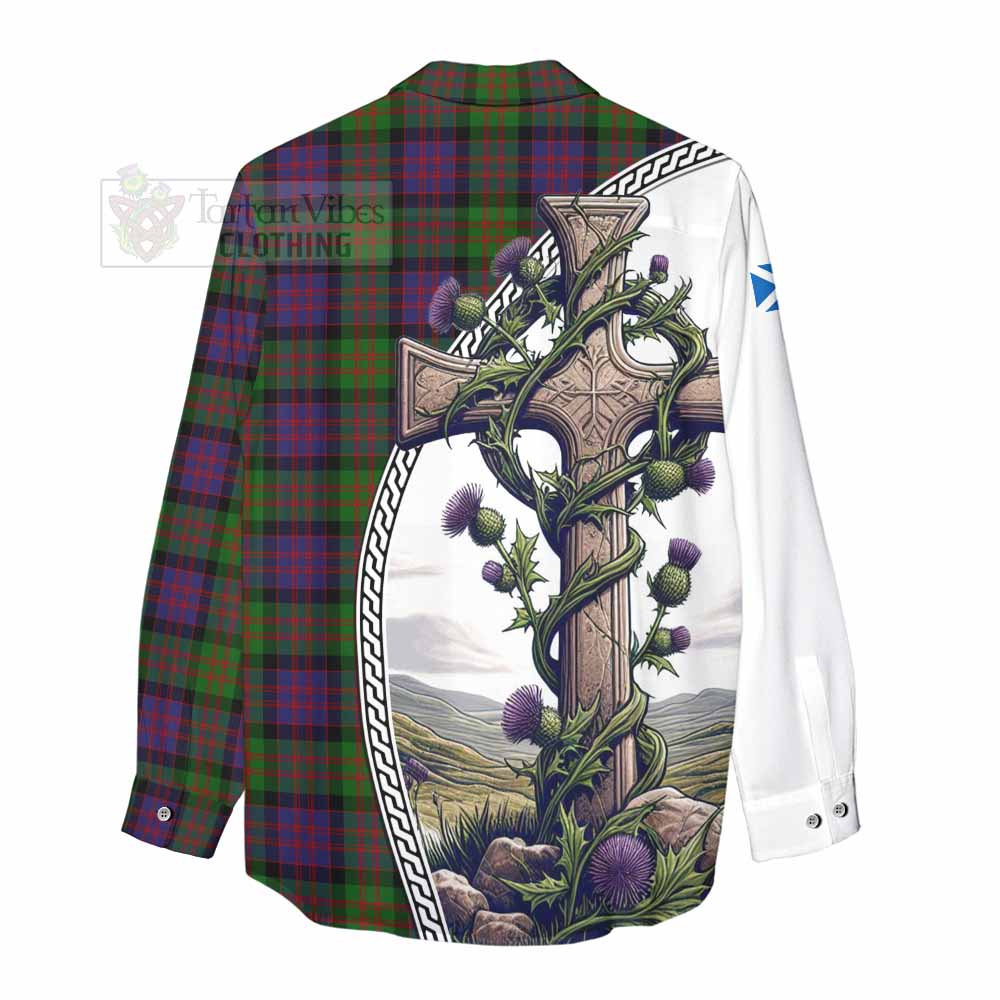 Tartan Vibes Clothing MacDonald (McDonald) Tartan Women's Casual Shirt with Family Crest and St. Andrew's Cross Accented by Thistle Vines