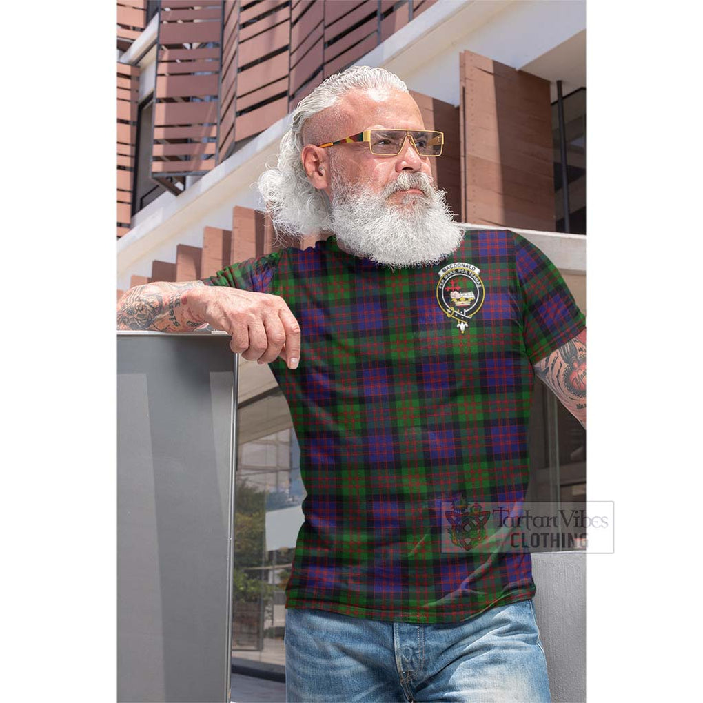 Tartan Vibes Clothing MacDonald (McDonald) Tartan Cotton T-shirt with Family Crest and Bearded Skull Holding Bottles of Whiskey